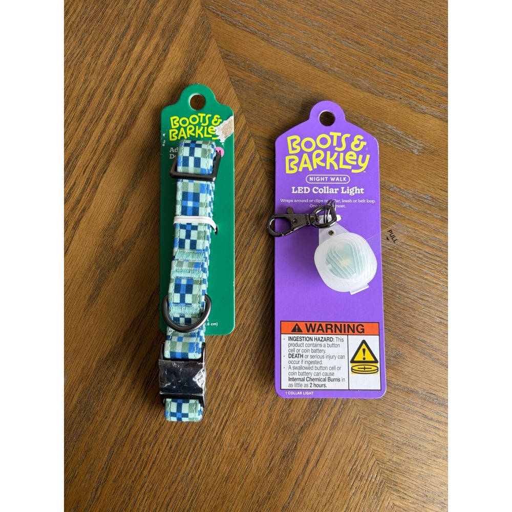 Boots & Barkley Dog Collar Medium Green Blue Checkered & LED Night Walk Light